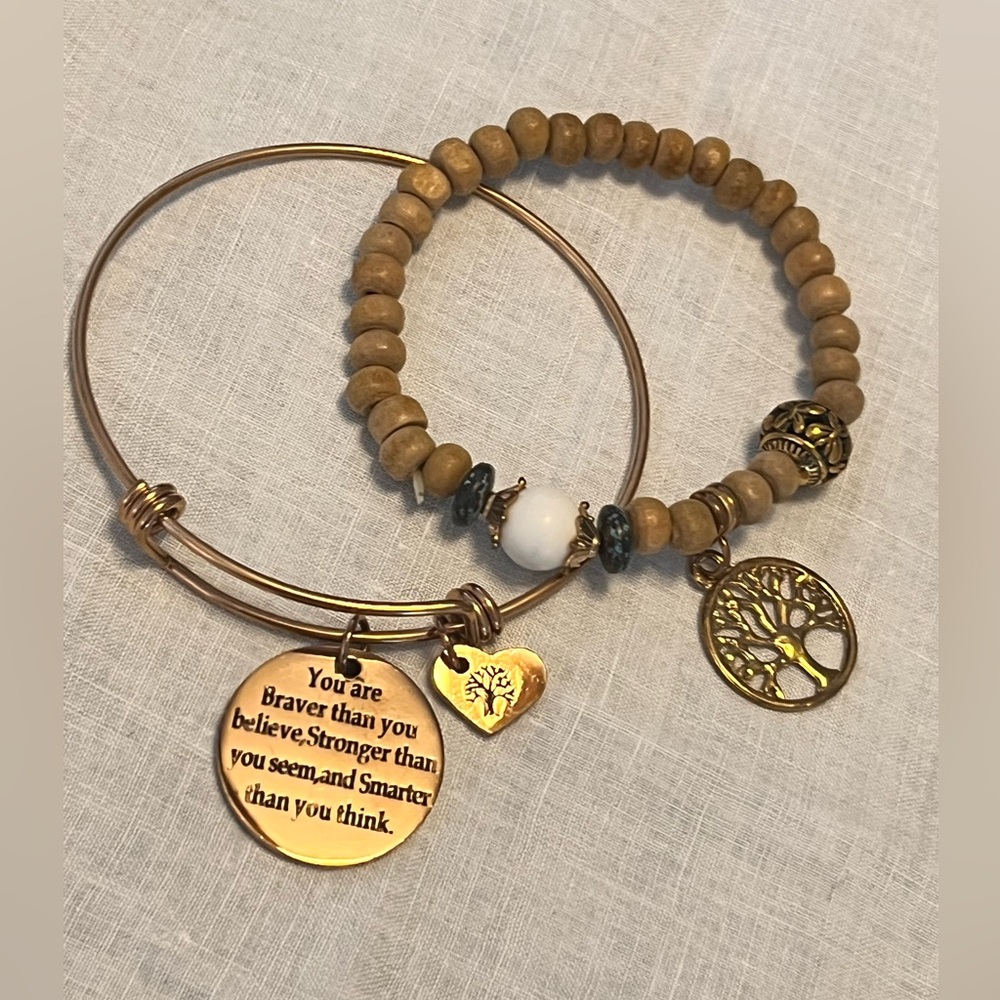 wishing tree Gold/Brass tone and Wooden Bead Bracelet Set